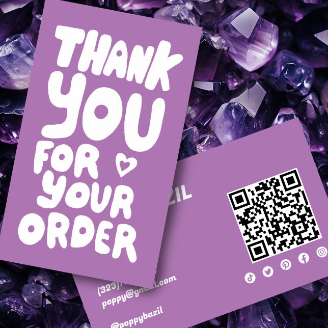 Cartão De Visita Obrigado por solicitar ícones sociais Código QR Ro (Thank You for Order Social Icons QR Code Purple Business Card
Hand Lettering Bubble Letters)