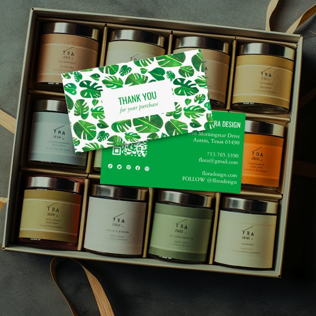 Cartão De Visita Obrigados de ícones sociais do Código QR de Folha  (Watercolor monstera leaf thank you business cards with social icons and QR code)