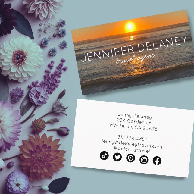 Cartão De Visita Ocean Beach Waves Sunset Nature Photo Viagem (Photography custom business cards with social media icons. Sunset beach waves)