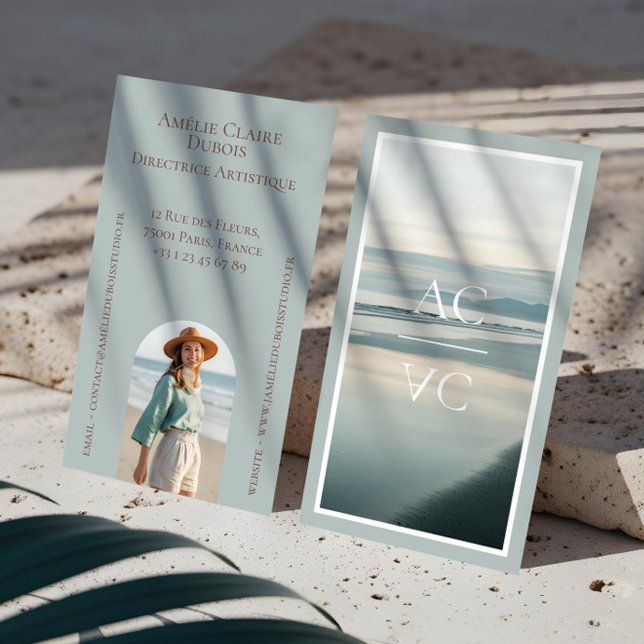 Cartão De Visita Ocean Shoreline Luxury Monogram Feminine Photo (Ocean Shoreline Luxury Monogram Feminine Photo Business Card)