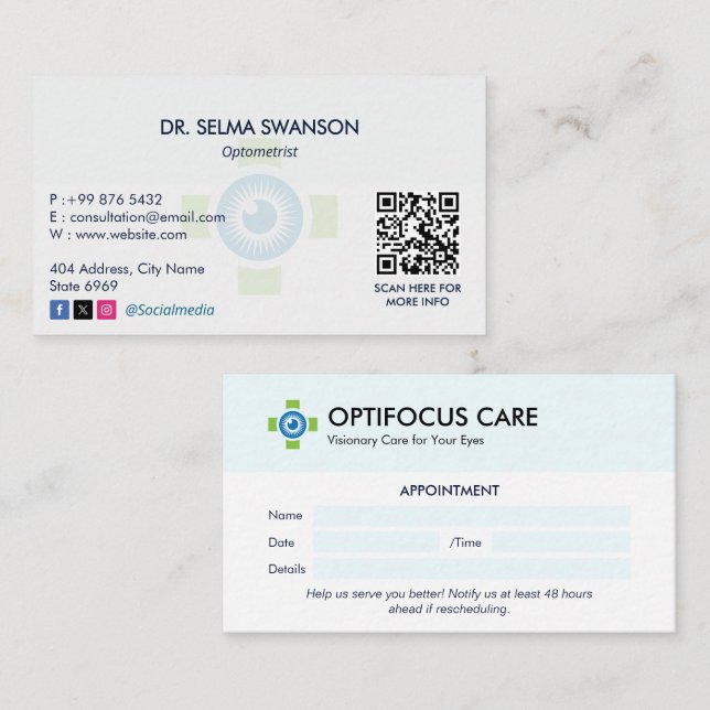 Cartão De Visita Oftalmologia Clínica | Limpar Compromisso (Frente/Verso)