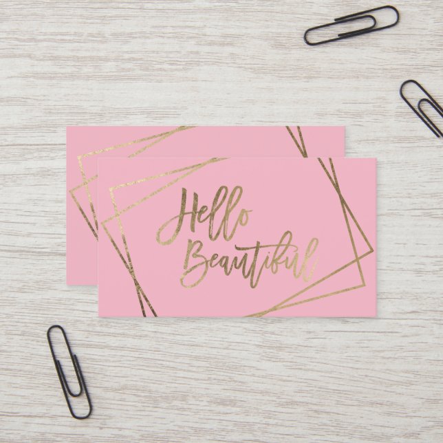 Cartão De Visita Olá, belo faux gold script geométrico rosa (Frente/Verso In Situ)