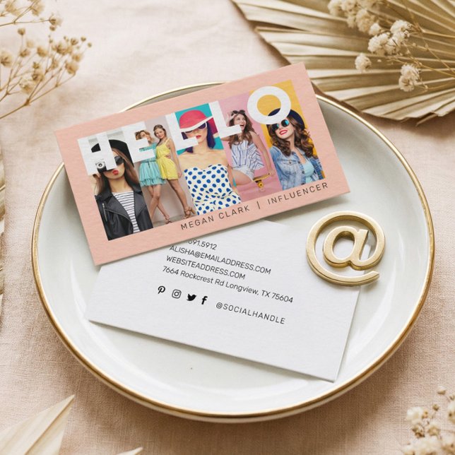 Cartão De Visita Olá com a Peach de layout de foto moderna e mínima (Fun Modern Minimal Social Media Influencer Photo Business Card)