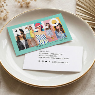 Cartão De Visita Olá com o Teal de Layout de 5 Fotos Moderno e Míni