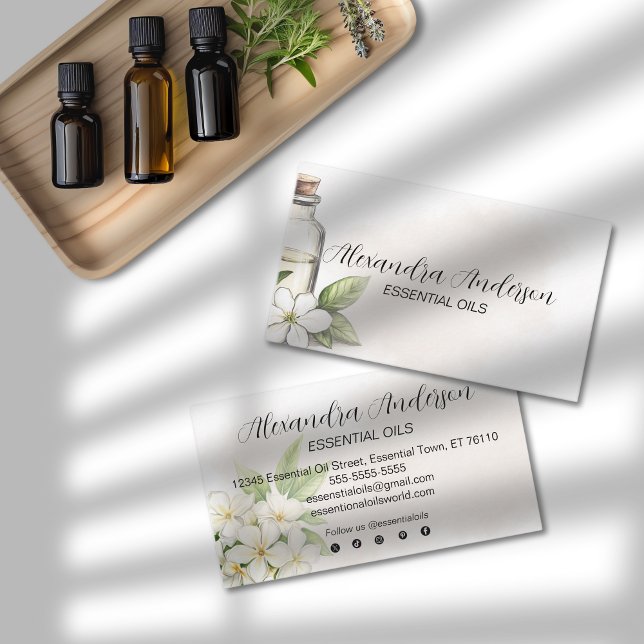 Cartão De Visita Óleos Essenciais Da Flor De Aquarelas Jasmine Eleg (Elegant Jasmine Watercolor Flower Essential Oils Business Card)