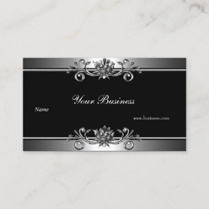 Cartão De Visita Olhar de Prata Metálico  Preto Floral Jewel Elegan