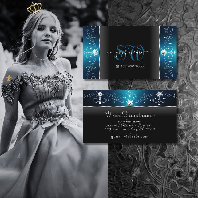 Cartão De Visita Olho Pegando Teal Negro Molhado Joias Monograma (Criador carregado)