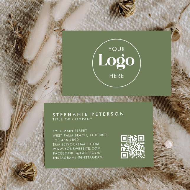 Cartão De Visita Olive Green Elegant Custom Company Logo QR Code (Criador carregado)