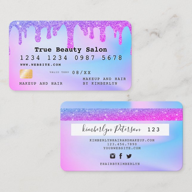 Cartão De Visita Ombre glitter credit card monogram  (Frente/Verso)
