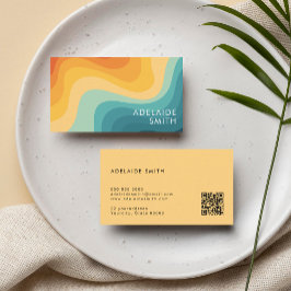 Cartão De Visita Onda de Cor Clássica Boho Retro Código Qr Minimali