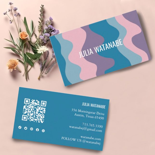 Cartão De Visita Ondas coloridas strips QR Code Chic (Blue, pink, purple waves decorate this custom card. Add your details, edit social icons & QR code)
