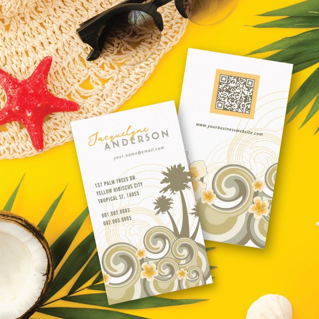 Cartão De Visita Ondas Tropicais Hibiscus Beach Summer Palm Trees (Tropical Waves Beach, Yellow Hibiscus, Summer Breeze AndPalm Trees Business Card @ fat_fa_tin)