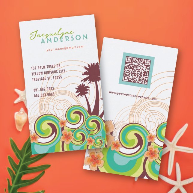 Cartão De Visita Ondas Tropicais Hibiscus Summer Palm Trees (Tropical Waves Hibiscus Summer Beach Palm Trees Business Card @ fat_fa_tin)