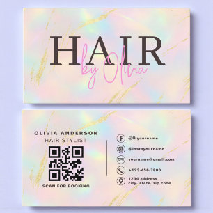 Cartão De Visita Opal Dourado Glitter Código QR Cabelereiro Moderno
