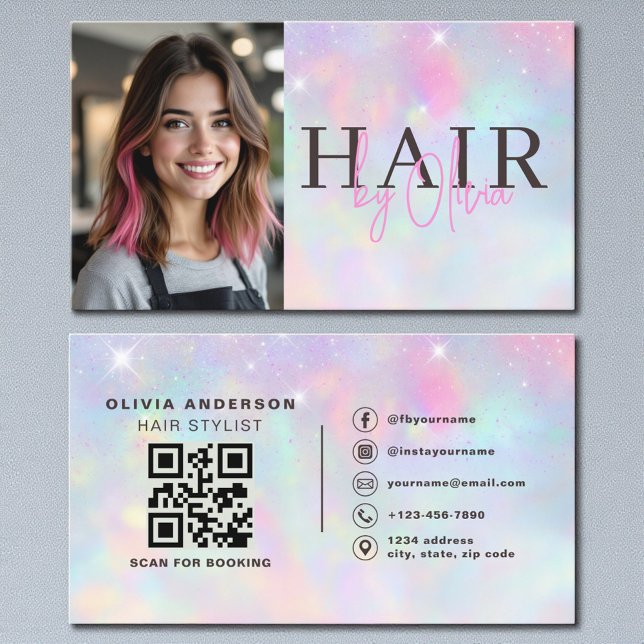 Cartão De Visita Opal Glitter Hair Stylist Photo QR Code  (Criador carregado)