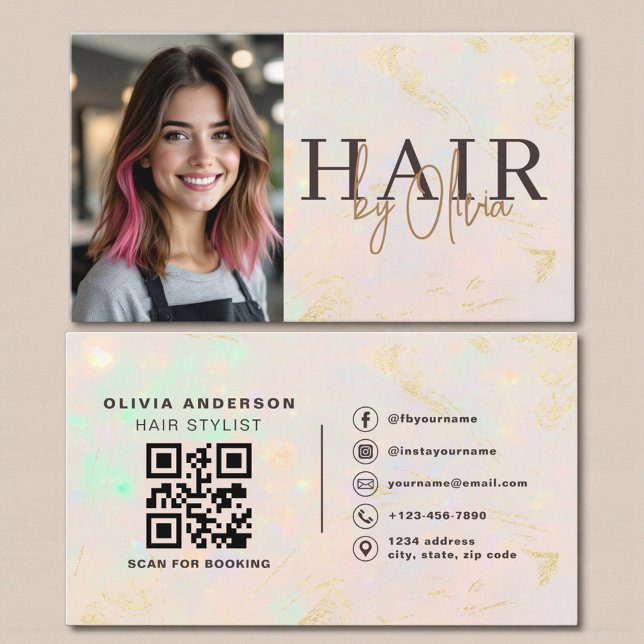 Cartão De Visita Opal Hair Stylist Photo QR Code  (Criador carregado)