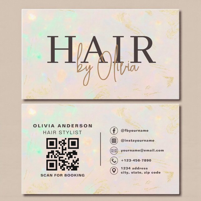 Cartão De Visita Opal QR Code Hair Stylist Modern (Criador carregado)