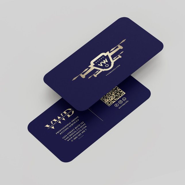 Cartão De Visita Operador de Drone Dourado Moderno Monograma Midnig (Modern Gold Drone Operator Monogram Midnight blue Business Card
)