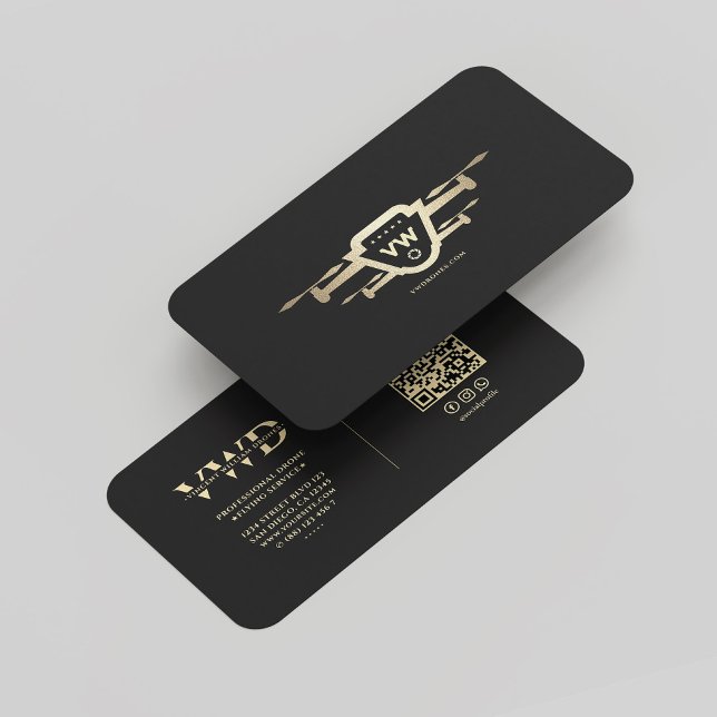 Cartão De Visita Operador de Drone Moderno Monograma Preto Elegante (Modern Drone Operator Monogram Elegant Black Gold Business Card
)
