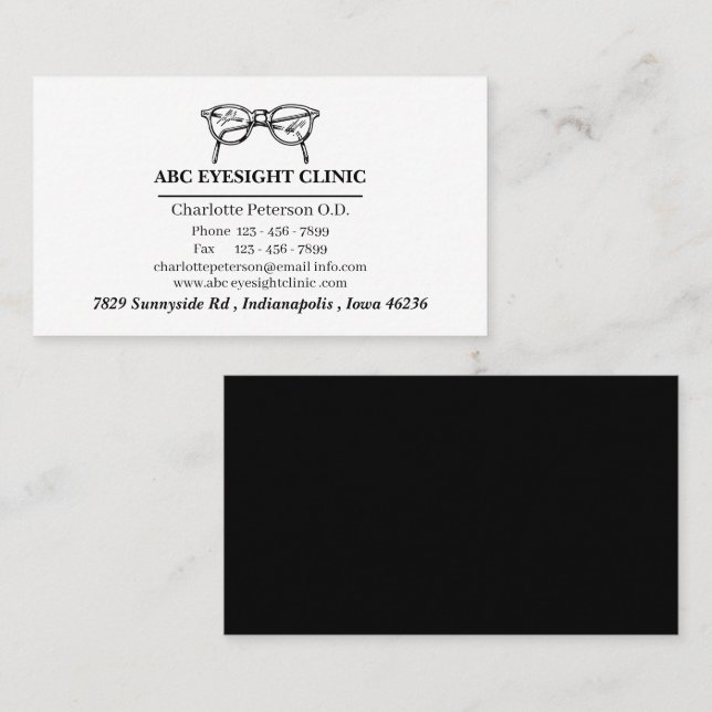 Cartão De Visita Optometrista Minimalista Preto e Branco (Frente/Verso)