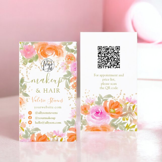 Cartão De Visita Orange Boho flores silvestres cabelo de aquarela (Orange Boho wild flowers watercolor makeup hair Business Card)