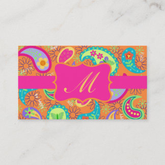 Cartão De Visita Orange Fuchsia Pink Modern Paisley Monograma