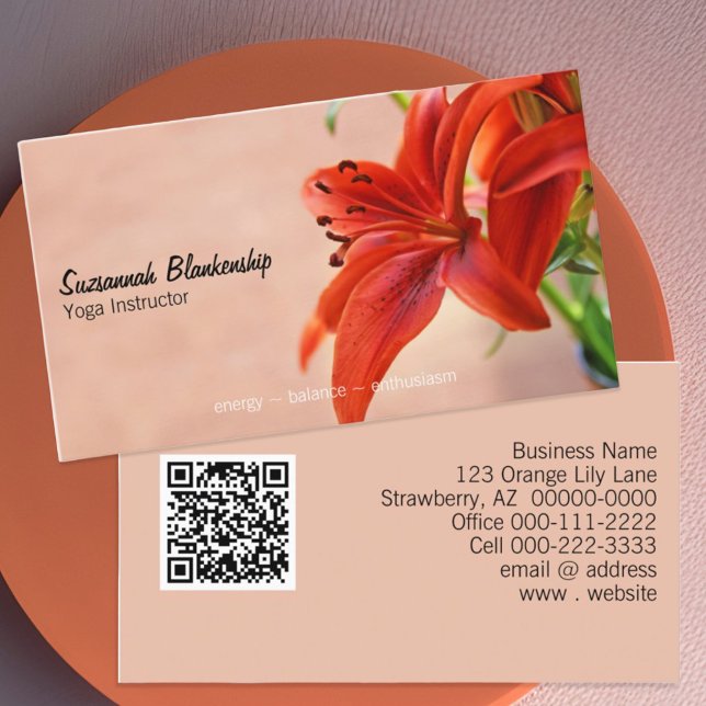 Cartão De Visita Orange Lily Photo Yoga Instrutor QR Code (business card front and back with qr code)