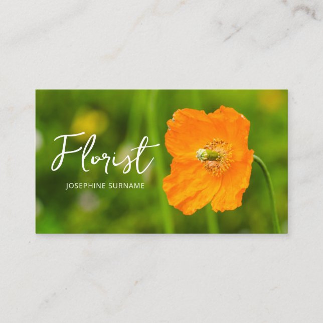 Cartão De Visita Orange Poppy Flower Summer Green Photo Florist (Frente)