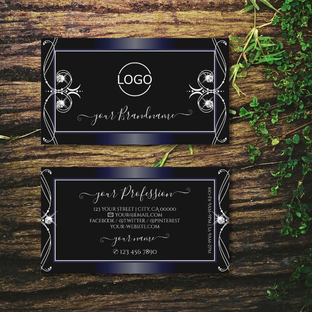 Cartão De Visita Ornamentado azul preto Espumante Ouros acenantes A (Criador carregado)