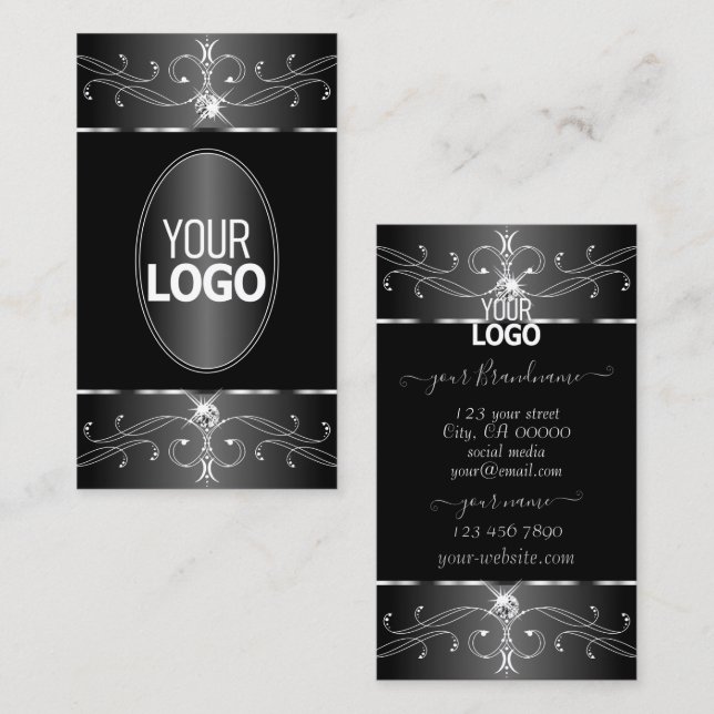 Cartão De Visita Ornamentado branco preto luxo com logotipo (Frente/Verso)