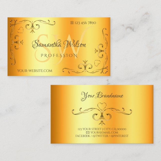 Cartão De Visita Ornamentado Cantos Iniciais Laranja Luminoso Shimm (Frente/Verso)