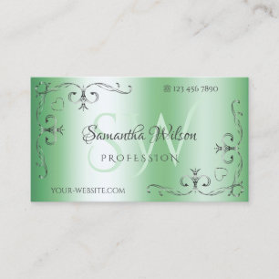 Cartão De Visita Ornamentado Chic Silver Cantos Iniciais Verde Lumi