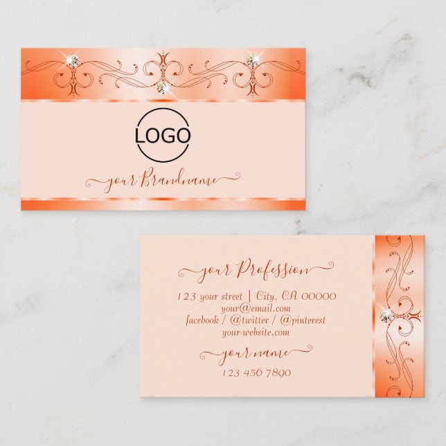 Cartão De Visita Ornamentado de Luxe Glam Salmão, Jovens Espumantes (Frente/Verso)