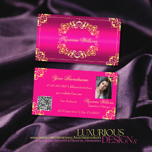 Cartão De Visita Ornamentado Dourado rosa vibrante com código QR e 
