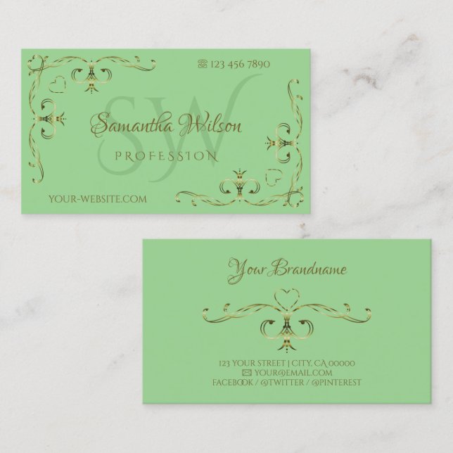 Cartão De Visita Ornamentado Elegante Cantos Iniciais Sage Verde (Frente/Verso)