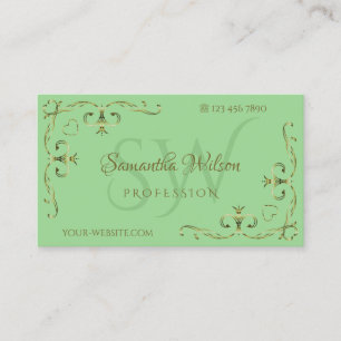 Cartão De Visita Ornamentado Elegante Cantos Iniciais Sage Verde