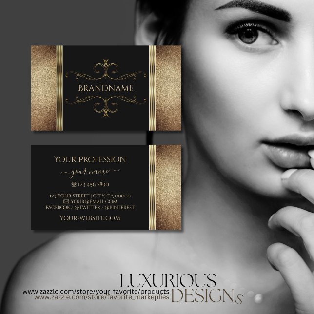 Cartão De Visita Ornamentado Elegante Nobre negro Dourado Brilhante (Criador carregado)