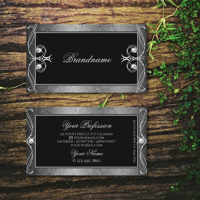 Cartão De Visita Ornamentado Mosaico Negro Silver Ornamento de Joia (Criador carregado)