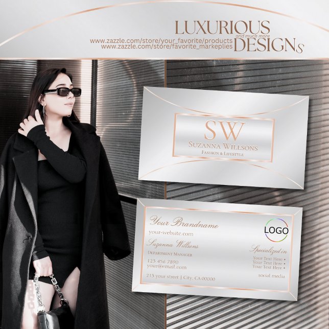 Cartão De Visita Ornamentado Rosa de prata Dourado com monograma e  (Criador carregado)