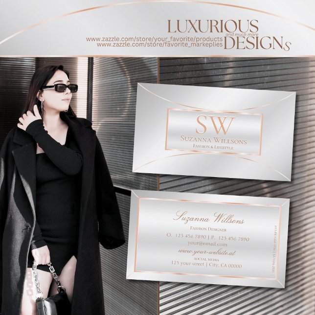 Cartão De Visita Ornamentado Rosa de prata luxuosa Dourado com mono (Criador carregado)