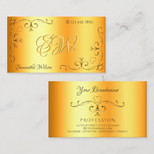 Cartão De Visita Ornamentado Shimmery Iniciais Laranja Luminoso (Frente/Verso)