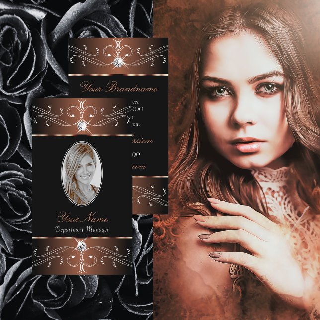 Cartão De Visita Ornamentados Pretos Elegantes com Foto (Criador carregado)