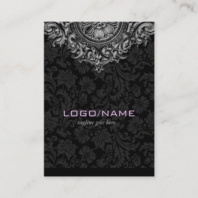 Cartão De Visita Ornamento Floral Elegante Preto e Branco (Frente)