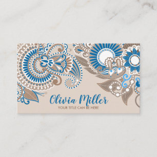 Cartão De Visita Ornamento Floral Paisley Bege e Azul Pastel