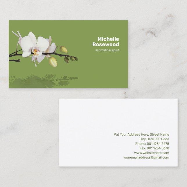 Cartão De Visita Orquídea Branca com Reflexão em Verde-Água (Frente/Verso)