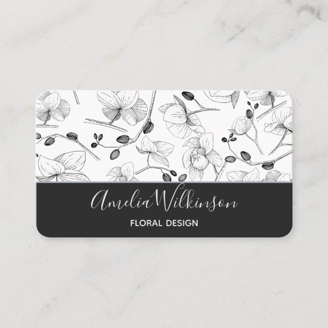 Cartão De Visita Orquídeas elegantes, chic floral preto e branco (Frente)