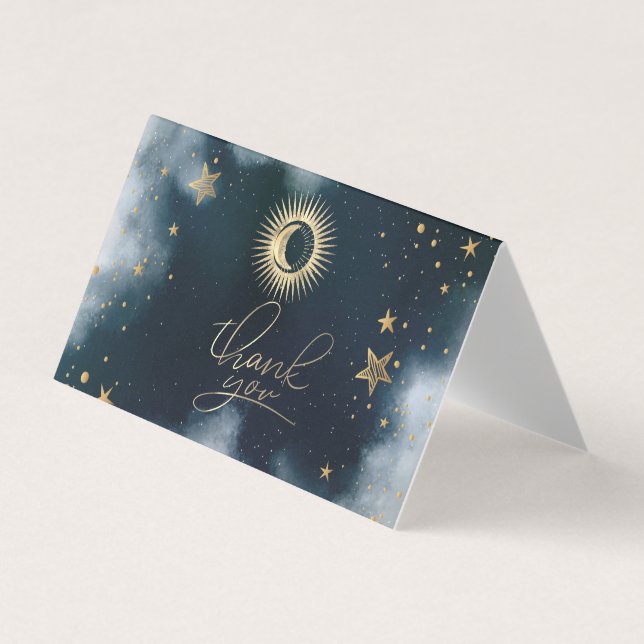 Cartão De Visita Ouro Celestial Sol e Lua Estrelas Céu Noturno (Frente)