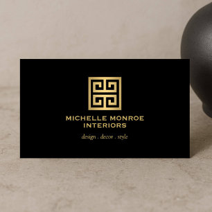 Cartão De Visita Ouro chave grego elegante/preto do logotipo do