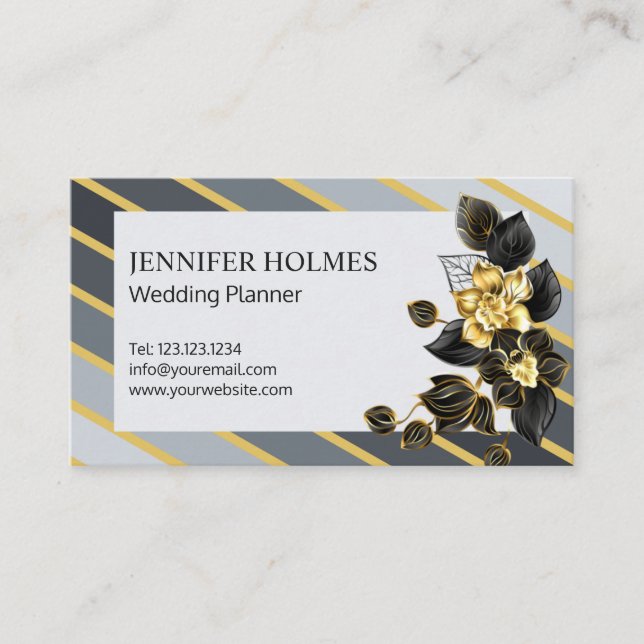 Cartão De Visita Ouro Chic Cinza Dourada Strips Orquídea  Preto Flo (Frente)