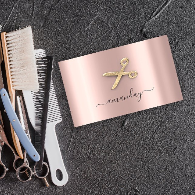 Cartão De Visita Ouro com tesoura de Rosa Stylist (Hairdresser Stylist Golden Scissors Rose Blush Business Card)